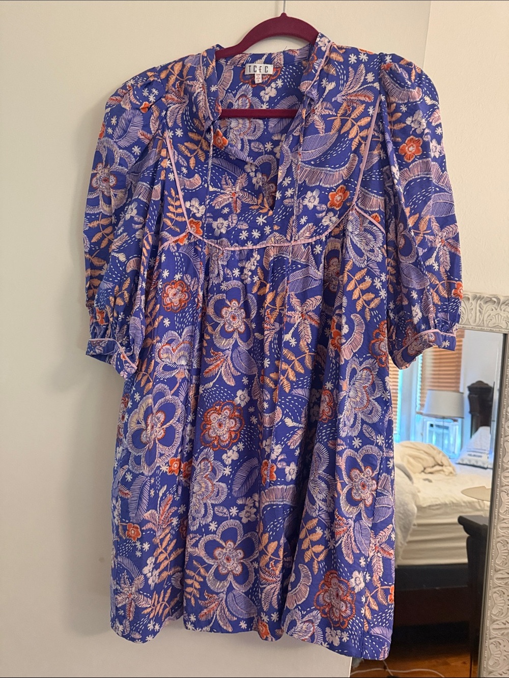 TCEC Purple Floral Mini Dress with Orange Accents